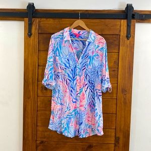 Lilly Pulitzer Natalie shirt dress blouse sz M L Kaleidoscope coral